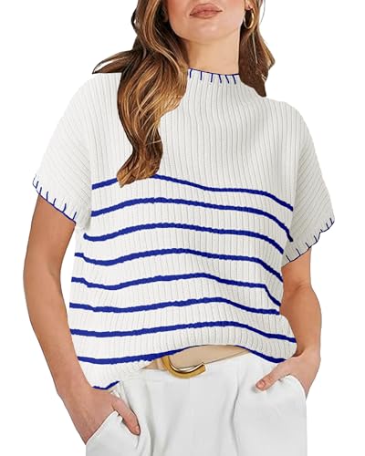 Women's 2025 Fall Winter Striped Short Sleeve Sweater Mock Neck Ribbed Trendy Knit Pullover Vest Tops