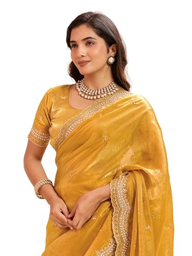 Image of Embellished Embroidered Pure Chiffon Heavy Work Saree
