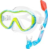 Kids Mask Fins Snorkel Set for Age 5-15,Dry Top Snorkeling Gear for Kids Boys Girls Junior & Youth, Tempered Glass Snorkel Mask with Fins for Swimming Snorkeling (Blue+White, One Size)
