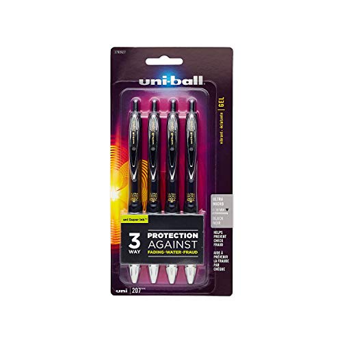 uni-ball 207 Retractable Fraud Prevention Gel Pens, Ultra Micro Point, 0.38 mm, Translucent Black Barrels, Black Ink, Pack of 4