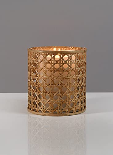Serene Spaces Living Small Glass Hurricane Candle Holder Wrapped In Woven Rattan Cane, Candle Centerpieces For Tables, Wedding Reception Vases, Use For Living Room, Measures 6.25" Tall & 5" Diameter #TOP4