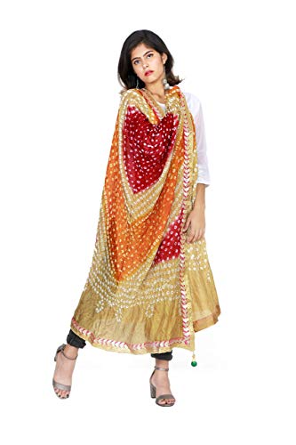 kalpit creations H R Fashion Women's Jaipuri Rajasthani Silk Bandhani Bandhej Multi-Colored Heavy Dupatta with Gota Work and latkan (Skin-Orange-Mehrun)