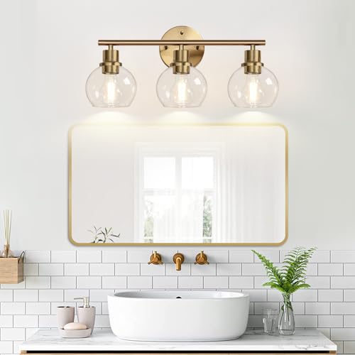Image of Indoi 3-Light Bathroom Light Fixtures, Brushed Brass Bathroom Lights Over Mirror with Clear Glass Globe Shade, Vanity Lights for Bathroom Kitchen Living Room Hallway Cabinet Bedroom Porch