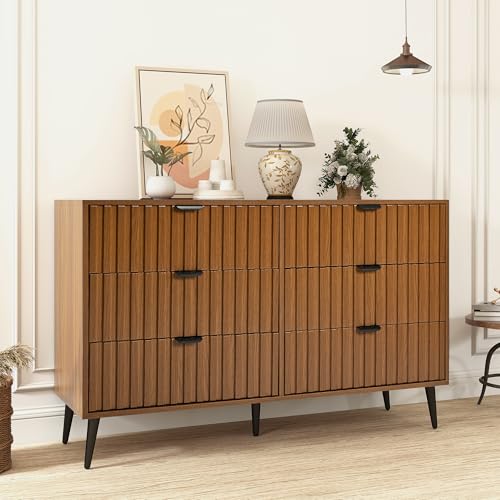Image of Fluted Dresser for Bedroom with 6 Drawers, Walnut Modern Dresser with Metal Handle, 47'' Wide Natural Wood Dressers Organizer with Blister Drawers for Bedroom