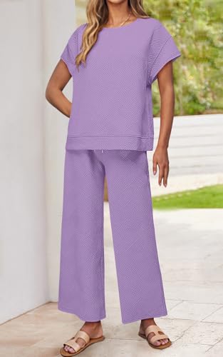 Image of PRETTYGARDEN 2 Piece Outfits For Women Casual Tracksuit Short Sleeve Tops And Wide Leg Long Pants Matching Lounge Sets