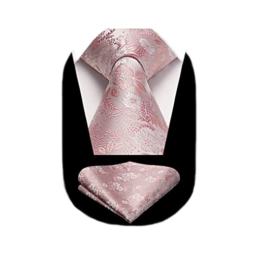 Image of HISDERN Men Floral Ties Woven Classic 3.4 inch Necktie Set Formal Tie Pocket Square for Wedding with Handkerchief Gift Box