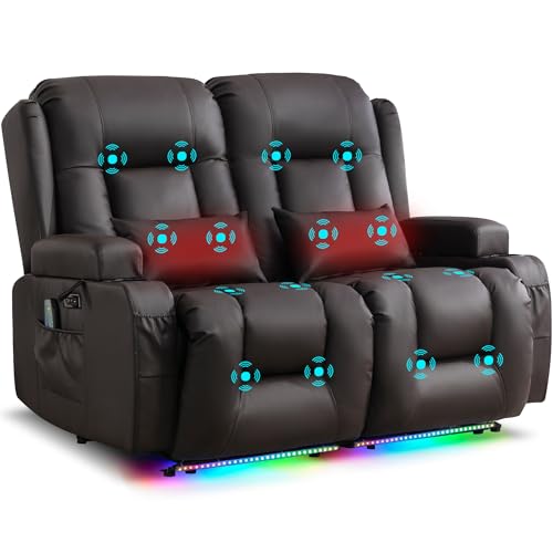 Image of URRED Power Loveseat Recliner Sofa with Massage and Heat, Wall Hugger Reclining Loveseat, RV Couch Home Theater Seating with LED Lights for Living Room (Dark Brown, 54 inch - 2 Seats)