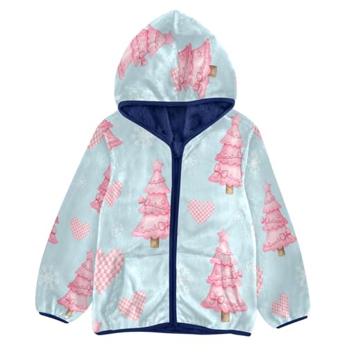 Pink Trees Hearts Snowflakes Toddler Fleece Jacket Girl Boys Hooded Fleece Jacket Coat Warm Outwear Zip-up 3-10T