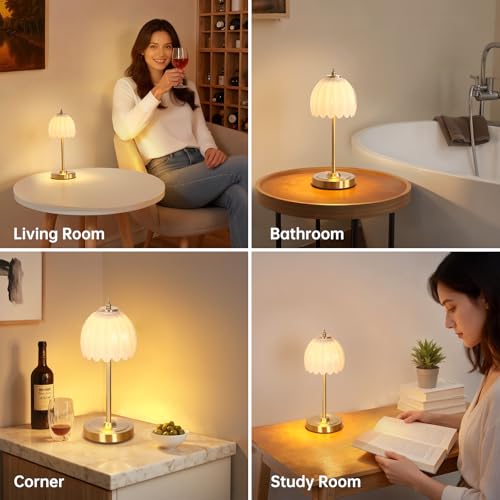 Image of Shenmoyl Set of 2 Tulip Table Lamp with 5000mAh Battery & Touch Control, Cordless Table Lamp with 3 Colors, Dimmable Rechargeable Table Lamps for Bedroom, Living Room, Entryways (White Tulip)