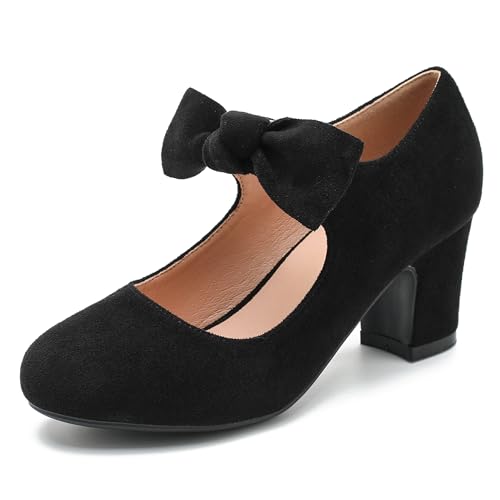 Women's Bow Mary Jane Low Block Chunky Heels Pumps Round Toe Low Heels Ankle Strap Wedding Dress Evening Party Shoes