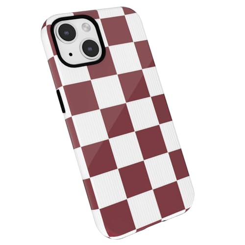 LoeoeL Checkered Phone Case for iPhone 14 Plus/ 15 Plus Case Hard Shell, Girly Cute Aesthetic Plaid Checkers Print Cover for Women, Thin Slim Trendy Checkerboard Design Glossy Plastic, Burgundy Maroon