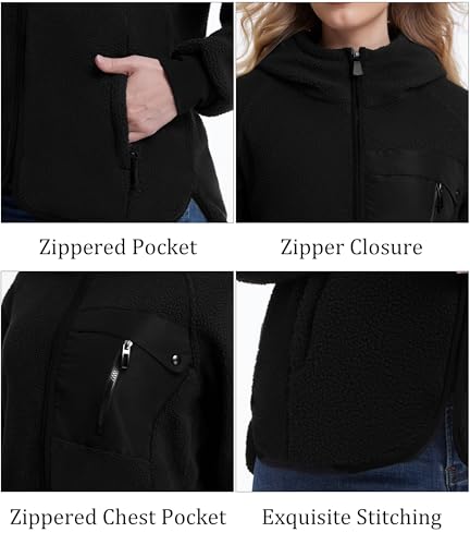 Mnking Damen Fleecejacke mit Kapuze Dicke Warme Polar Fleece Jacke Winter Full Zip Hoodie Winddicht Winterjacke für Outdoor Laufen Wandern Ski FS5563W-Black-XL