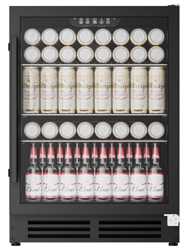 Image of Coolake 24 Inch Wide Under Counter Beverage Refrigerator, 180 Can Capacity Beverage Cooler with Glass Door, Built in or Freestanding, Drink Fridge for Basement, Kitchen, Office