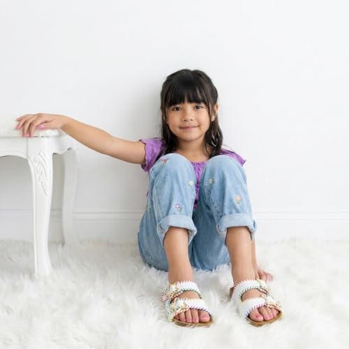 Image of CUSHIONAIRE Lily Girl Toddler Sandals with Adjustable Gold Tone Star Buckles and Cushioned Cork Footbed Slip On Girls Slides for Kids
