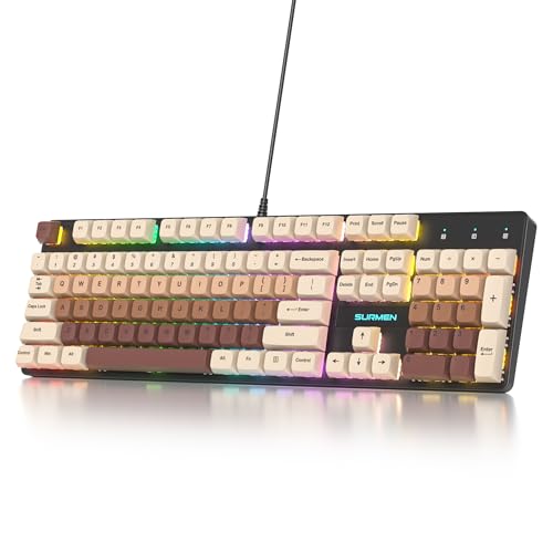 Image of surmen Brown Wired Mechanical Keyboard Full-Size, 104-Key RGB Thocky Keyboard with Number Pad USB Retro PBT Keycaps for Win Gaming /Office (104 Coffee)