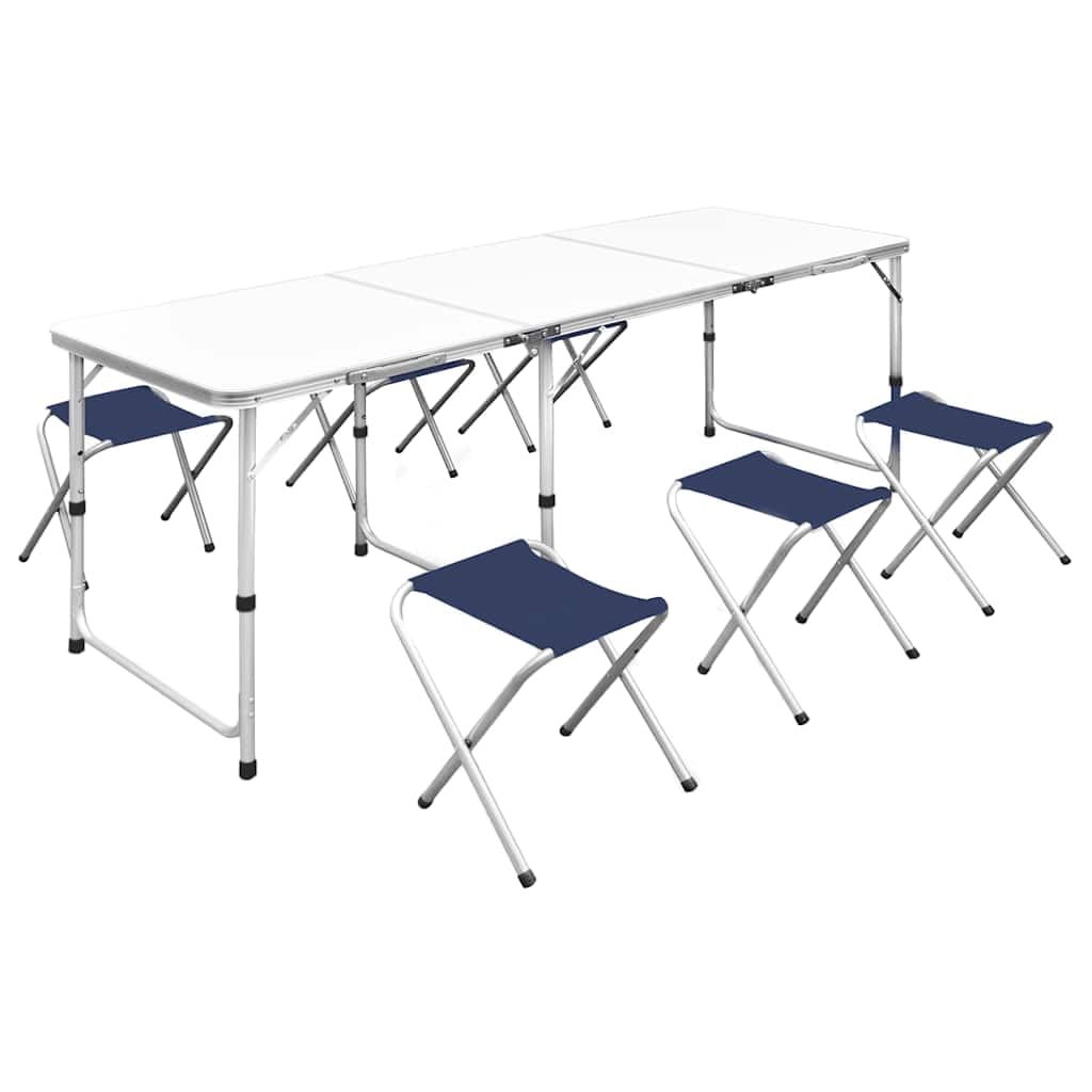 Składany stół kempingowy z 6 taboretami, regulacja wysokości 180 x 60 cm, aluminiowa rama i blat stołu z płyty MDF, przenośny, na piknik, taras, do ogrodu, na festiwal i kemping