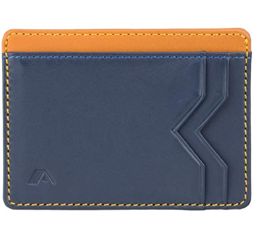 Porte-cartes RFID A-SLIM Kumo en cuir bleu acier et jaune moutarde