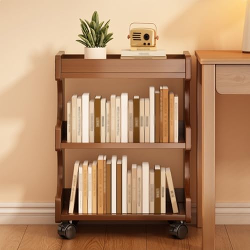 Bamboo Book Cart with Wheels, 3-Tier Open Book Rack, Floor Standing Organizer with Rounded Corners, Ideal for Office, Study, Living Room, and Bedroom Storage