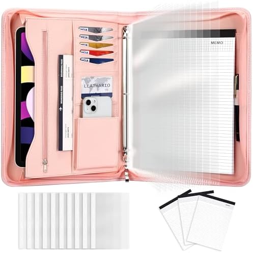 Calfinder Vergadermap, PU-lederen padfolio, 2 ringbanden 1 inch, ritsmap organizer ordner, portfolio planner voor a4 schrijftas/klembord notitieblok, cadeau voor vrouwen, roségoud