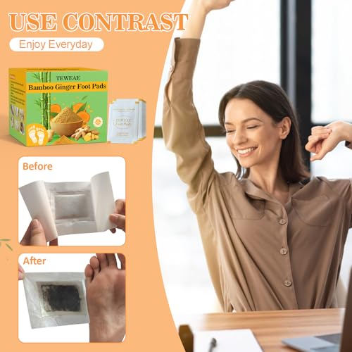 Image of TEWEAE 62-Count Ginger Foot Pads, Bamboo Vinegar & Mugwort Foot Patches to Sleep Better | Stress & Fatigue Relief | Relaxation Foot Spa for Tired Feet | Use During Sleep