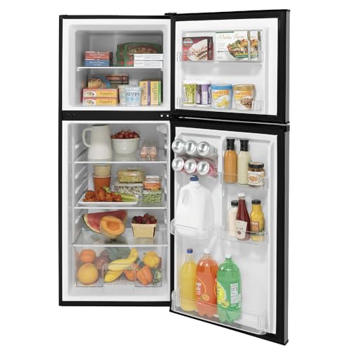 GE GPV10FSNSB 24" Top Freezer Refrigerator with 9.93 cu. ft. Capacity 12V DC Power Only LED Lighting and Adjustable Spillproof Glass Shelves in Stainless Steel and Black on Fridge.com