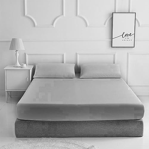Velvet Stitch Plain Dyed Poly Cotton Fitted Sheet with Free Matching Pillowcase Easy Care Bedding Fitted Sheet (King, Silver)
