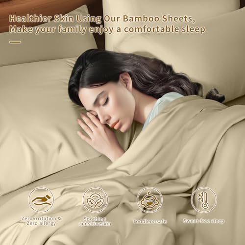 Image of Shilucheng 6 Piece California King Sheet Sets, Cooling Sheets, Blend Rayon Derived from Bamboo, Deep Pocket Up to 16 inch, Breathable & Soft Bed Sheets, Hotel Silky Bedding Set, Beige