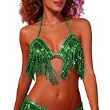 Generisch Parte superior de bikini de lentejuelas con flecos, para danza del vientre, para fiestas y espectáculos, verde, talla única