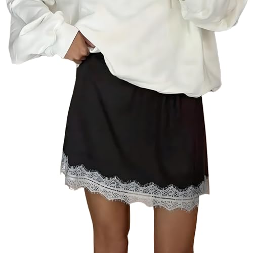 XBTCLXEBCO Women's Satin Half Slip Elastic Low Rise Lace Trim Mini Skirt Y2K Silk Lace Short Skirt Underskirt