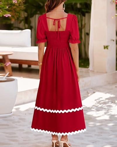 Image of BTFBM Women 2025 Summer Square Neck Short Puff Sleeve Dress Casual RIic Rac Tie Back Smocked Wedding Guest Maxi Dresses
