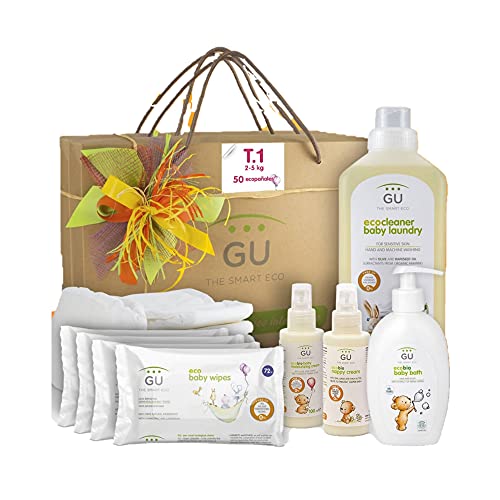 Canastilla para Bebé Recién Nacido - Incluye 50 Ecopañales - 4 Packs de Toallitas Húmedas - Gel de Baño - Crema Hidratante y Crema de Pañal - Detergente para Ropa - Cesta para Bebé Recién Nacido