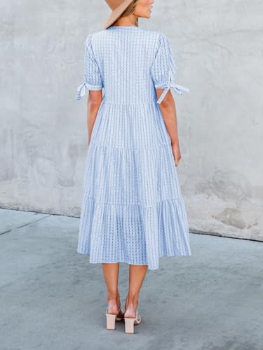 Image of Theenkoln Womens Casual Midi Dress: Short Sleeve V-Neck Empire Waist Gingham Spring Fashion Long Trendy Tiered Formal Dresses