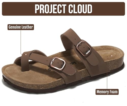 Image of Project Cloud 100% Genuine Leather Womens Sandals -Lightweight Womens Slides Memory Foam Insole & Cork Footbed Sandals Women - Non-Slip Beach Essentials Summer Sandals for Women 2026 (Lian)