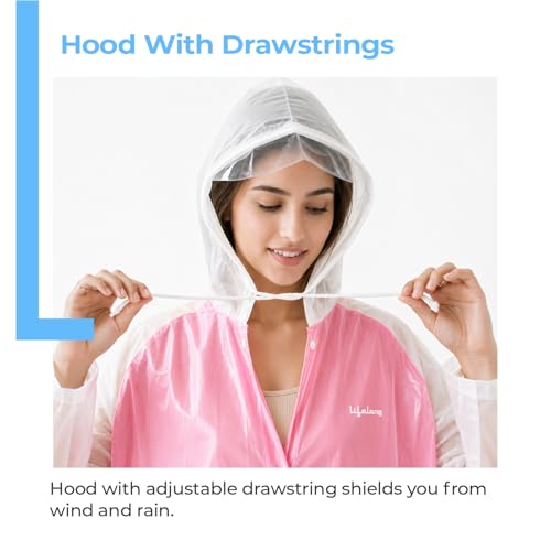 Image of Lifelong Raincoat Waterproof for Women| 100% Waterproof Rainwear for Women & Girls | One-Piece Hooded Raincoat| Snap Buttons & Pockets | Travel for Hiking, Trekking, Camping (L, Pink & White)