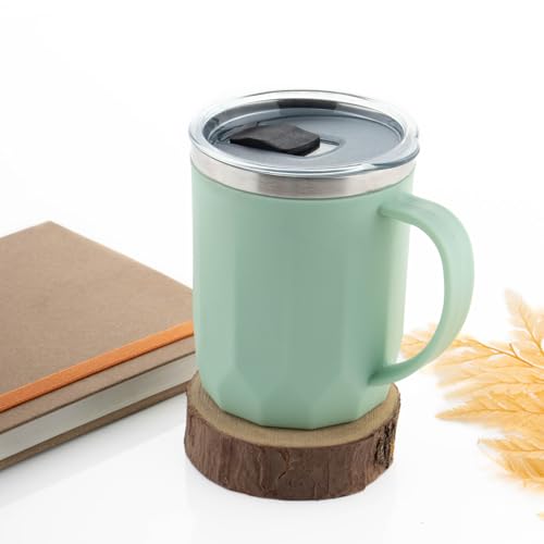 Image of MAGIC SPOON Stainless Steel Travel Coffee Mug with Sipper Lid & Handle, Insulated Tea Cup, BPA-Free Double Wall Tumbler for Hot-Cold Beverages, Office, Home, Car, Travel- Pista, (400ml X 1 Pack)