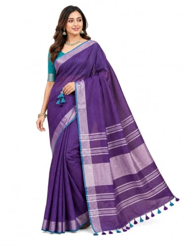 Image of HAIDER ALI AND SONS Grey Cotton Linen Saree for Women | Soft Linen Slub Blend Saree with Running Blouse Piece | Lightweight Handloom Style Saree | Office, Casual, Party & Festival Wear
