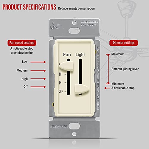 Enerlites 3 Speed Ceiling Fan Control And Led Dimmer Light Switch, Light And Fan Combination Switch, Single Pole, 2.5A, 300W Incandescent, No Neutral Wire Required, 17001-F3-La-F, Light Almond #TOP2