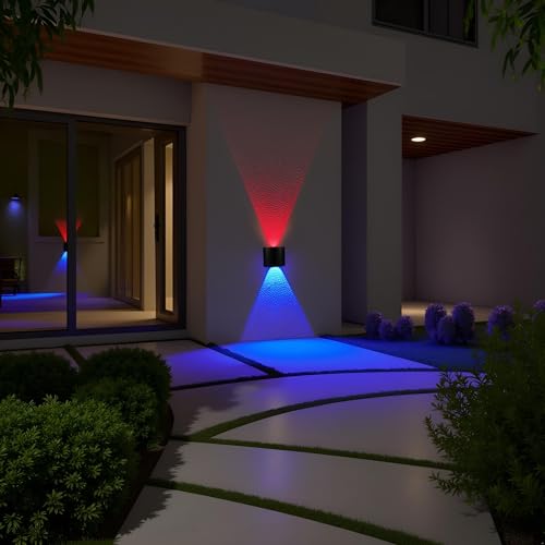 Image of FERA 2 Way LED Wall Light Outdoor Waterproof - Red & Blue Color Up Down Spot Lamp for Home Decoration, Gaming Room & Balcony - Modern Exterior Wall Lights (IP65, Black) (2 ray Color)