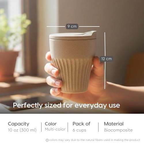 Image of Eha Earth Friendly Rafter Coffee Mug with Lid | Tea Cup Set | 300 ml | Made with Rice Husk | Microwave Safe Mugs for Gifting | 6 Unit | Multi Light