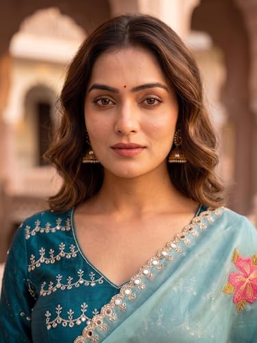 Image of Handcrafted Floral Embroidered Saree with Contrast Blouse