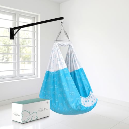 Image of Baby Cradle̞, Foldable Window Hanger with Sliding Lock, Hanger Spring, Mosquito Net & Pad with Insert Pocket, Jhoola, Thottil, Joli, Jokali, Onjal (Momblue)