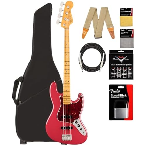 Fender American Professional Classic Jazz Bass - Faded Dakota Red Bundle with Gig Bag, Strap, Cable, and Guitar Cleaning Kit