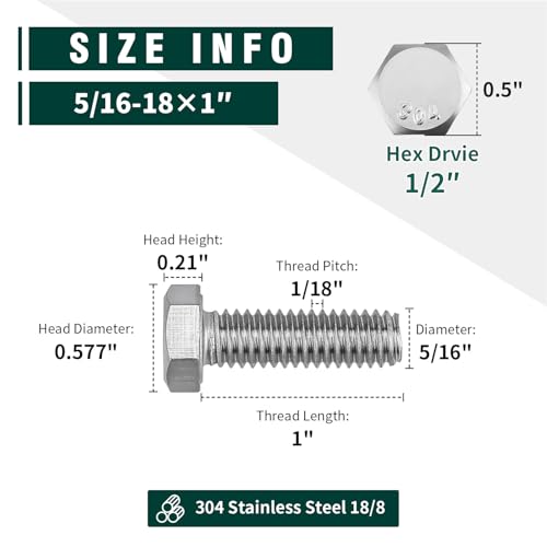 Image of (10 Sets) 5 /16-18 x 1 inch Hex Bolt and Nut Kit, 304 Stainless Steel (18-8), Fully Threaded, Flat & Lock Washers Included