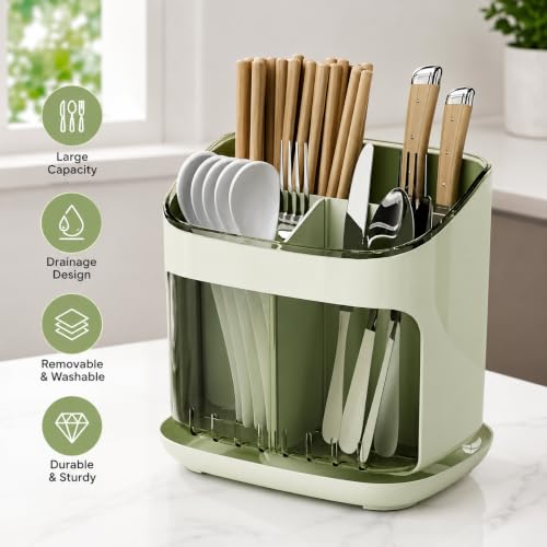 Image of Cutlery Holder with Drainage Tray | Kitchen Cutlery Organizer with Removable Partition | Large Capacity Countertop Storage Caddy (Green)