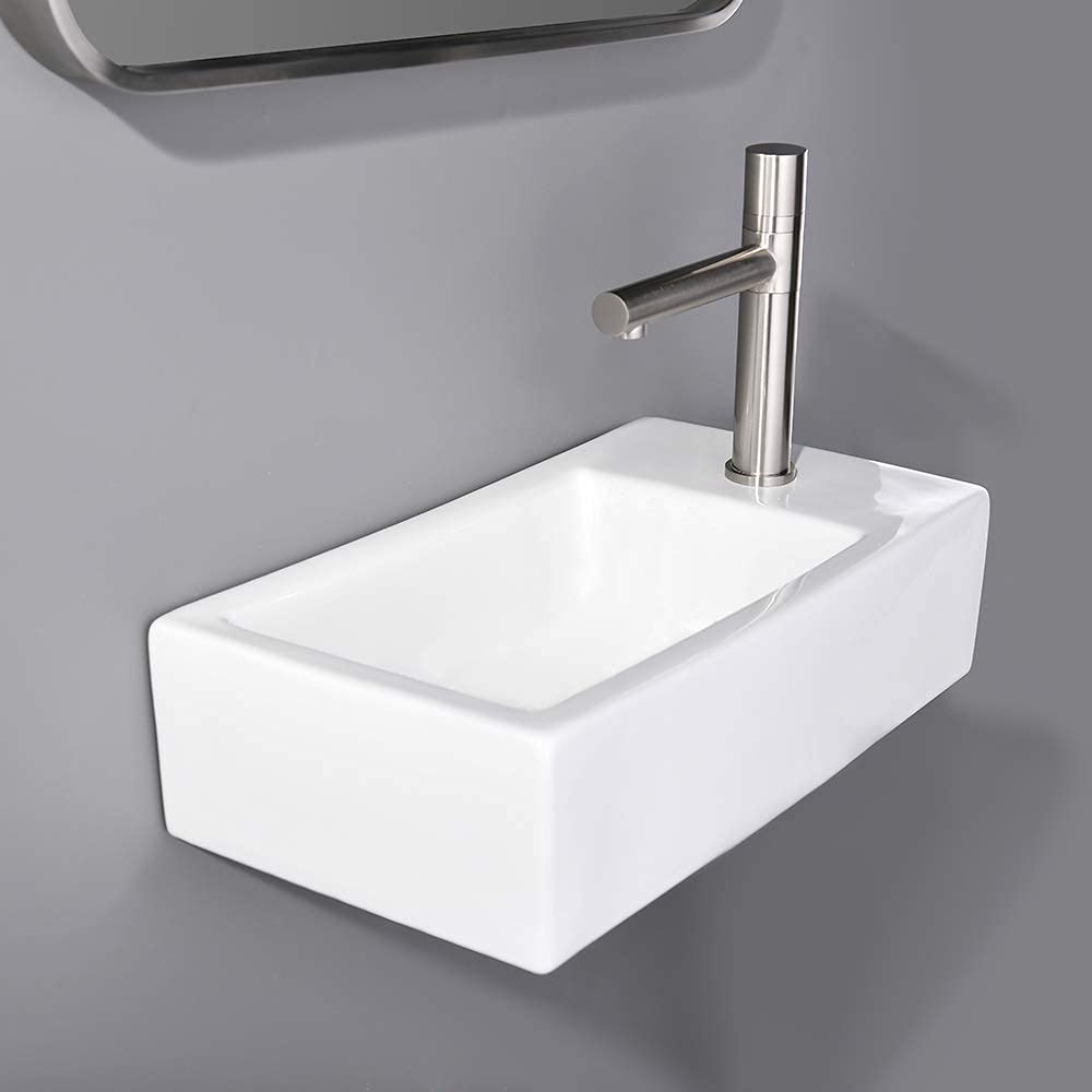 VESLA HOME Commercial 18"x10" Small White Ceramic Corner Wall Mount Bathroom Sink,Floating Tiny Porcelain Wall Hung Bathroom Sink Mini Rctangular Vanity Vessel Sink For Small Bathroom,Right Hand.
