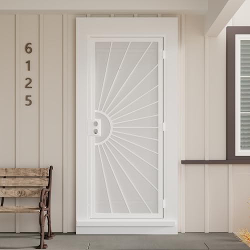 JUBEST 32 in. x 80 in. Security Door Surface Mount Exterior Front Entry Door Outswing Steel Security Door with Perforated Metal Screen Powder Coated White Lock Not Include
