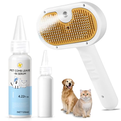 Pet Steam Brush for Dog & Cat &ndash; 3-in-1 Spray Hair Removal Comb for Shedding & Grooming, Softens...