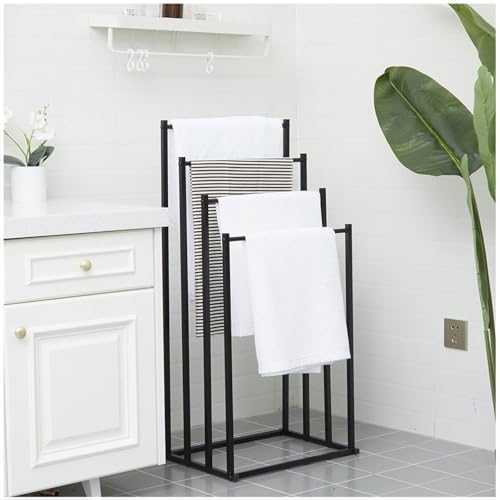 Portasciugamani moderno nero a 4 ripiani autoportante in metallo antiruggine per asciugamani da bagno asciugatura bar stand per bagno, soggiorno, cucina, lavanderia a bordo piscina