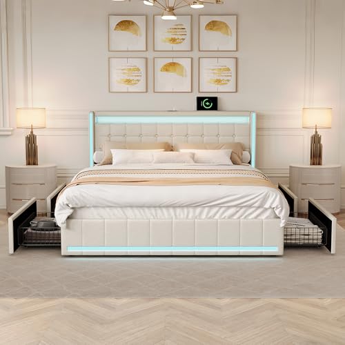 QMTXBYJ Cama Tapizada 140x190 cm,Camas Matrimoniales Cama Juvenil, LED Cabecero con Carga USB, Cama Matrimonio con 4 cajones, Estructura Cama Doble con Lamas, Sin Colchón, Lino