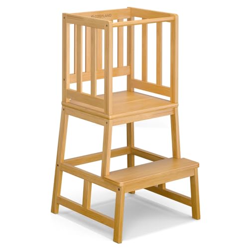 COSYLAND Torre Montessoriana Bambini – Torretta Montessoriana A Forma di “A” con Pedana Centrale Rinforzata – Torre Montessoriana da Cucina o Bagno, Convertibile in Doppio Sgabello (Naturale)